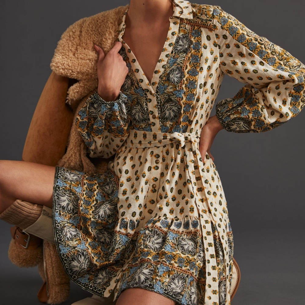 Anthropologie Floral Puff Sleeve Mini Dress Cotton XS - Picture 13 of 14